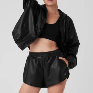 Faux Leather Power Hour Full Zip Cropped Jacket - Black