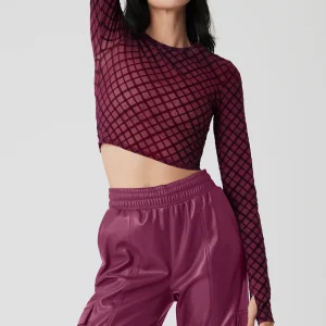 Mesh Plaid Cropped Long Sleeve Top - Wild Berry