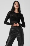 Mesh Plaid Cropped Long Sleeve Top - Black