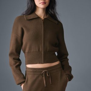 Scholar Knit Cropped Full Zip Jacket – Espresso
