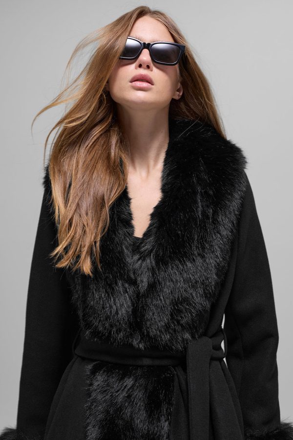 Faux Fur Trimmed Longline Coat ?C Black